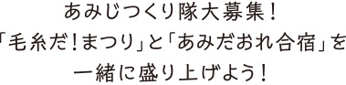 あみじつくり大募集！「毛糸だ！まつり」と「あみだおれ合宿」を一緒に盛り上げよう！